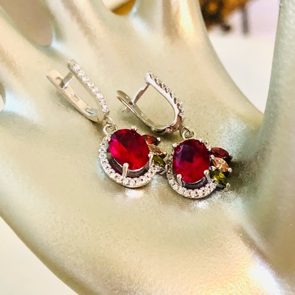 Beautiful Silver Ruby Peridot Citrine Earrings - Picture 6 of 17